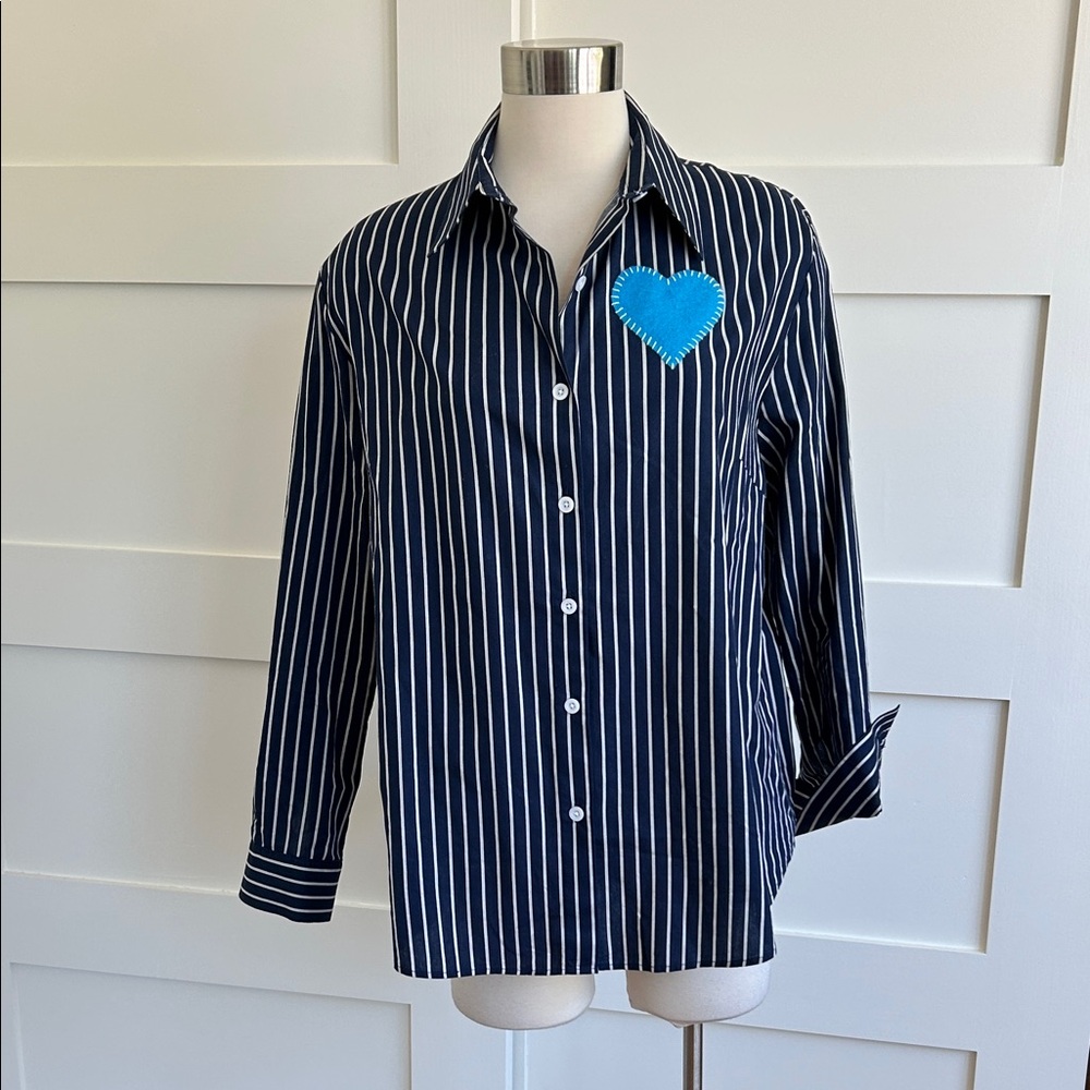 ROMI BASHA- navy and white striped oversized button-down. With aqua felt heart